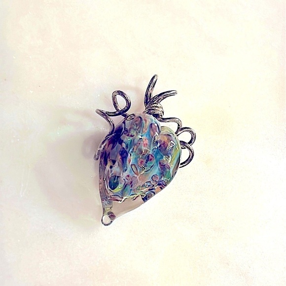 Heart Shaped Glass Blown Pendant Hand Crafted Green Blue Tan - Picture 8 of 11